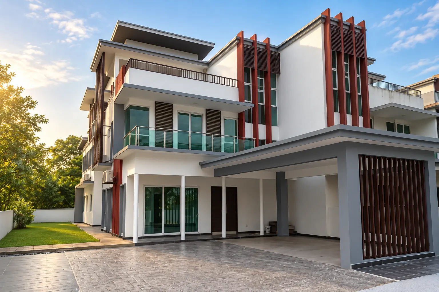 Garden Villas 三层别墅外观,早晨阳光照在白墙与赭红色直向格栅上