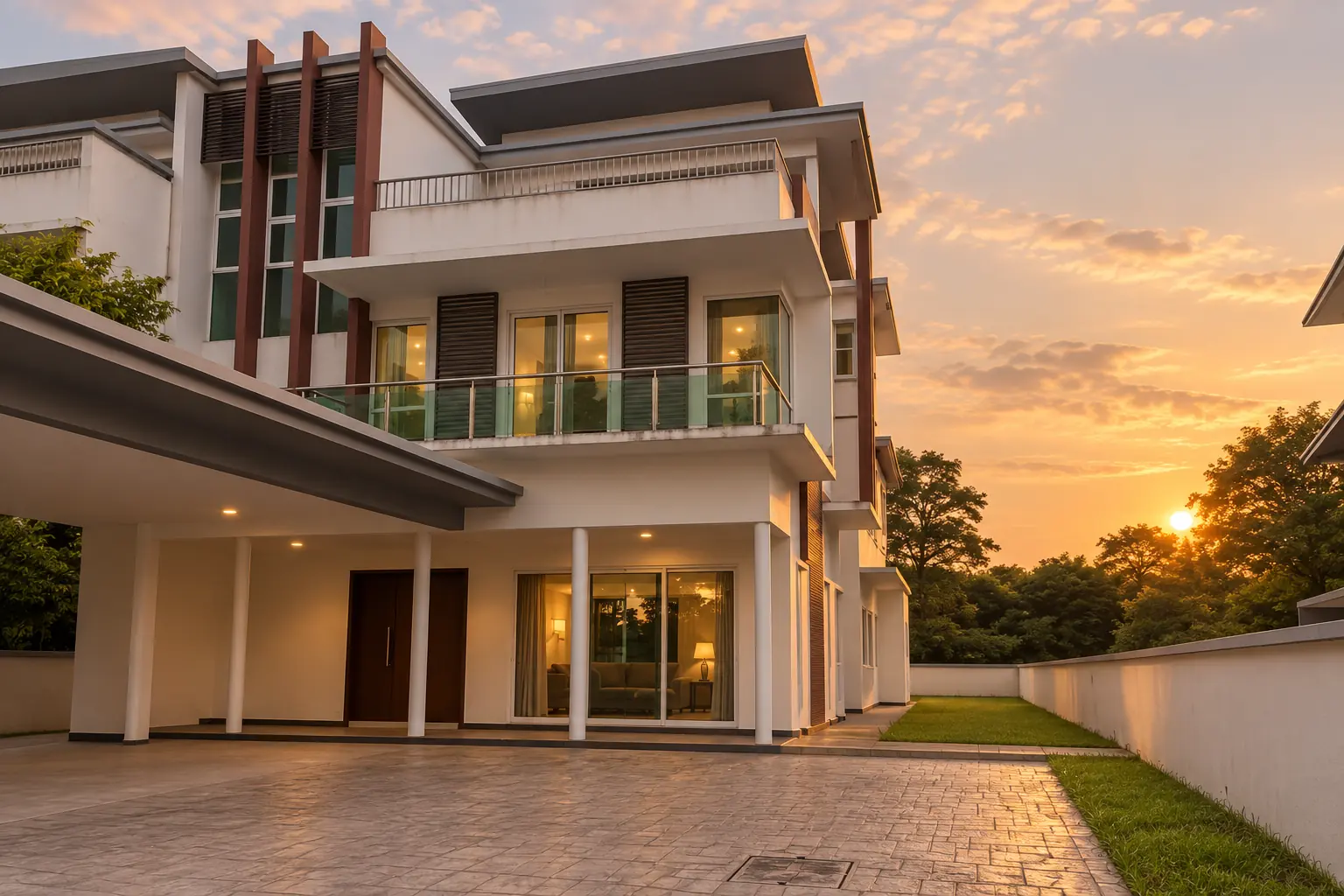 Garden Villas 外观，傍晚夕阳与亮灯的客厅